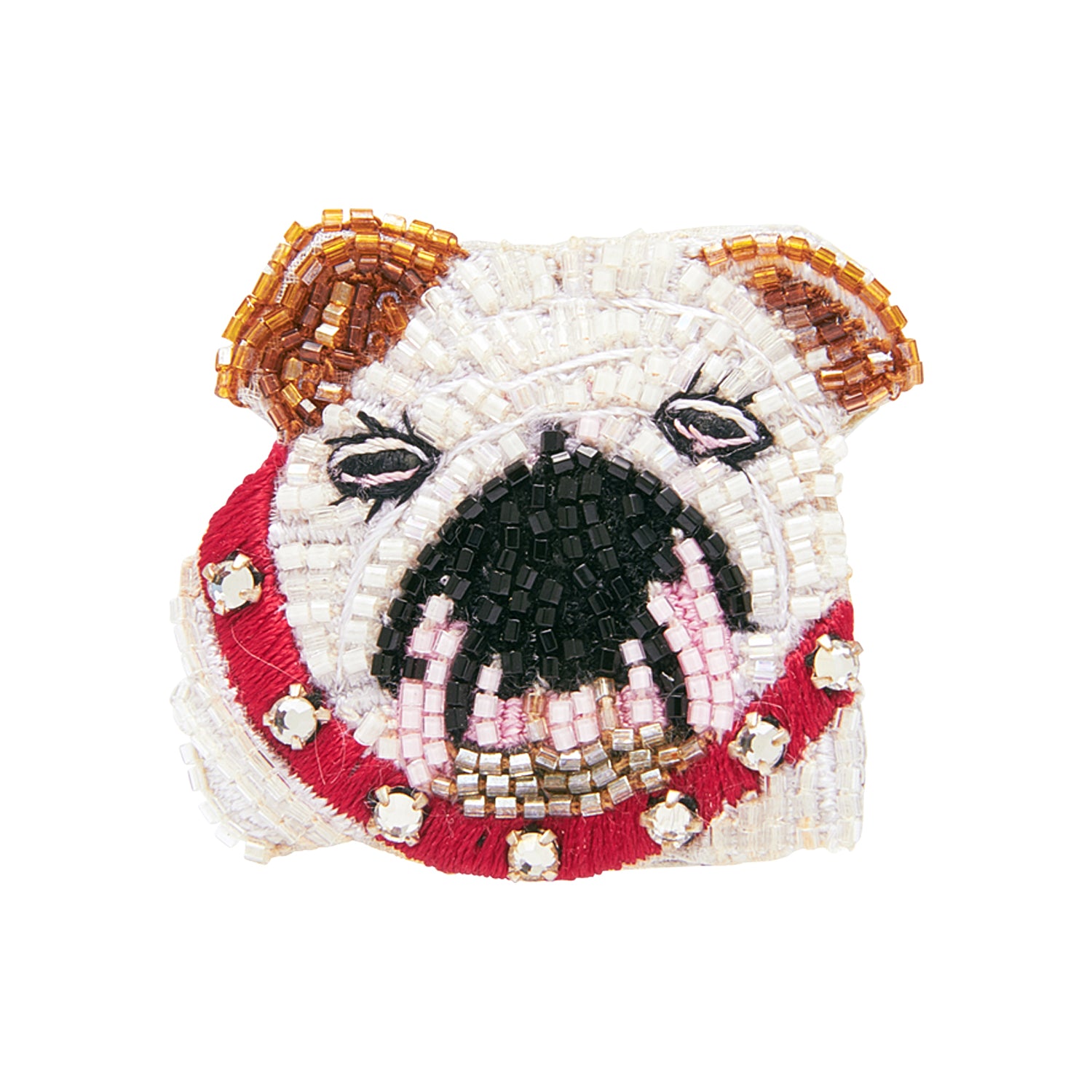 White, Red, Brown, and Black Beaded Bulldog Brooch on Flat White Background