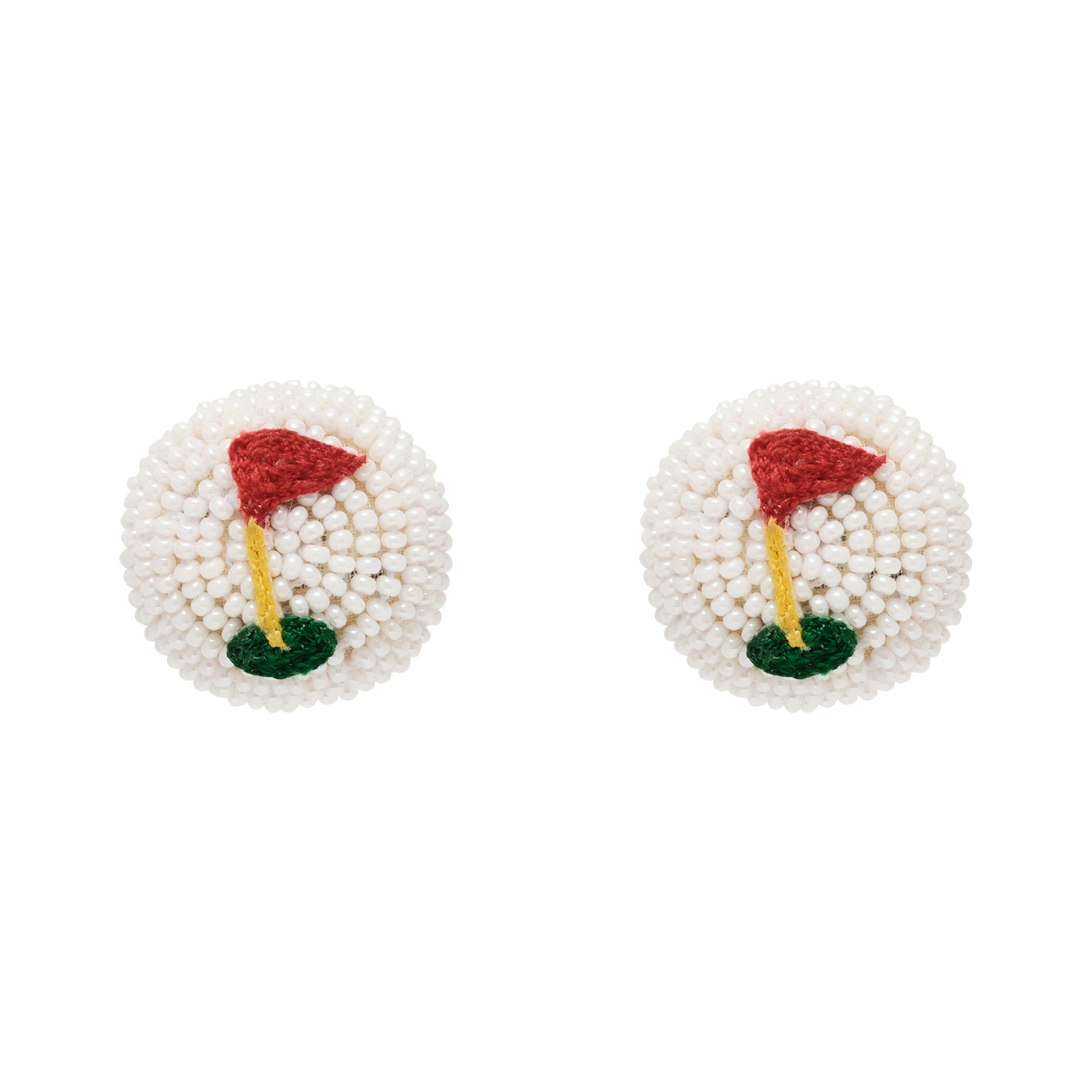 Beaded Golf Flag Stud Earrings on Flat White Background