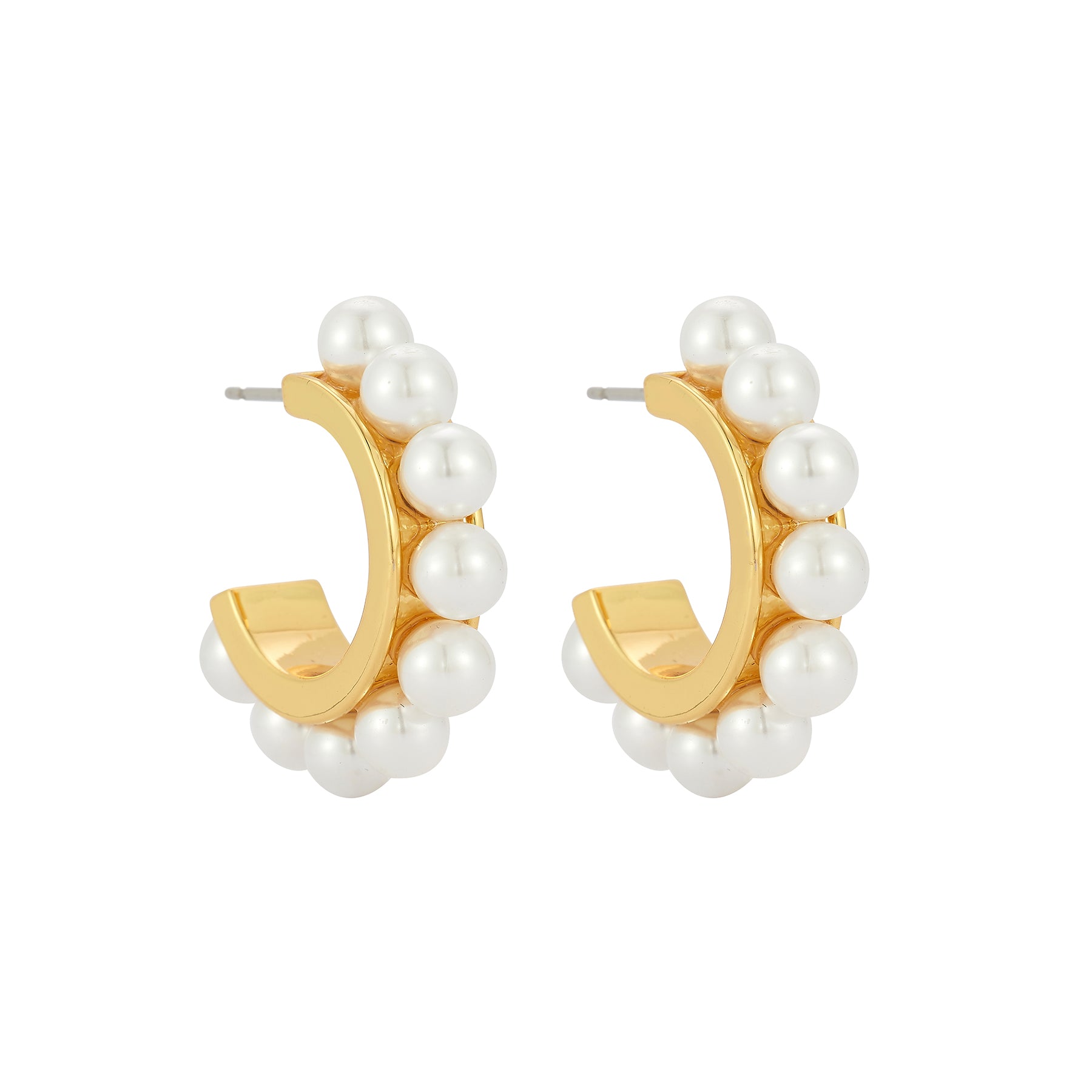Gold hoop earrings with pearl beads on a white background