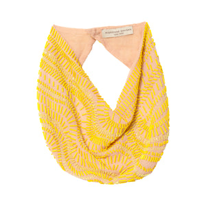 Beaded Yellow and Tan Based Scarf Necklace on Flat White Background