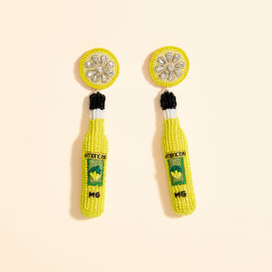 Yellow, White, Black, and Green Beaded Limoncello Bottle Drop Earrings on Tan Background