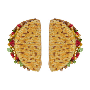 Yellow Multi Embroidered and Beaded Taco Stud Earrings on Flat White Background