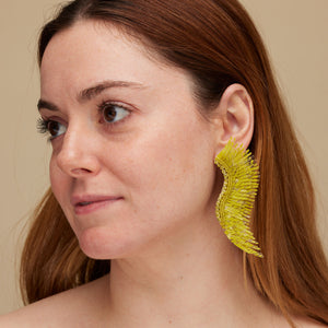 Yellow Zebra Print Sequin Wing Earrings Styled on Model