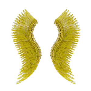 Yellow Zebra Print Sequin Wing Earrings on Flat White Background