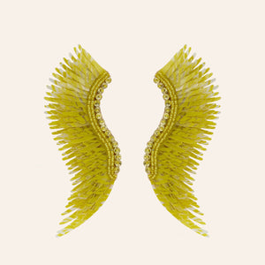 Yellow Zebra Print Sequin Wing Earrings on Tan Background