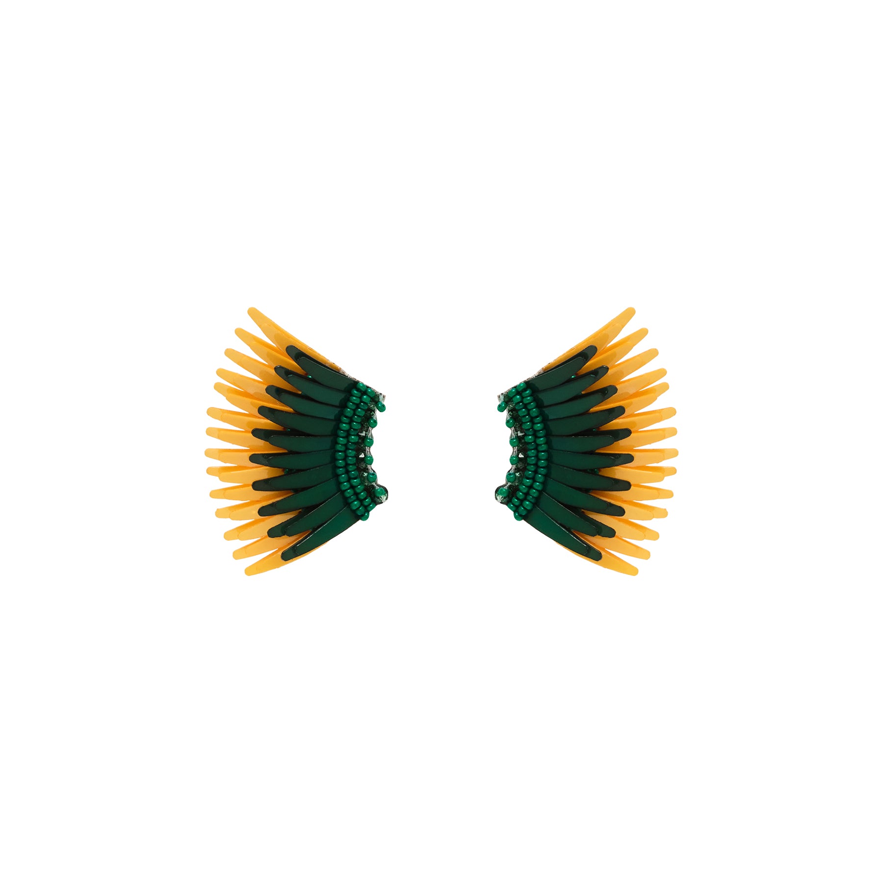 Green and Yellow Sequin and Bead Wing Stud Earrings on Flat White Background