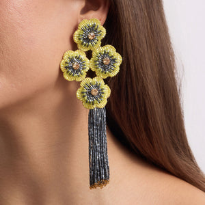 Yellow and Brown Metallic Lux Flower Drop Earrings On Model