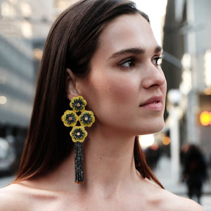 Yellow and Brown Metallic Lux Flower Drop Earrings On Model