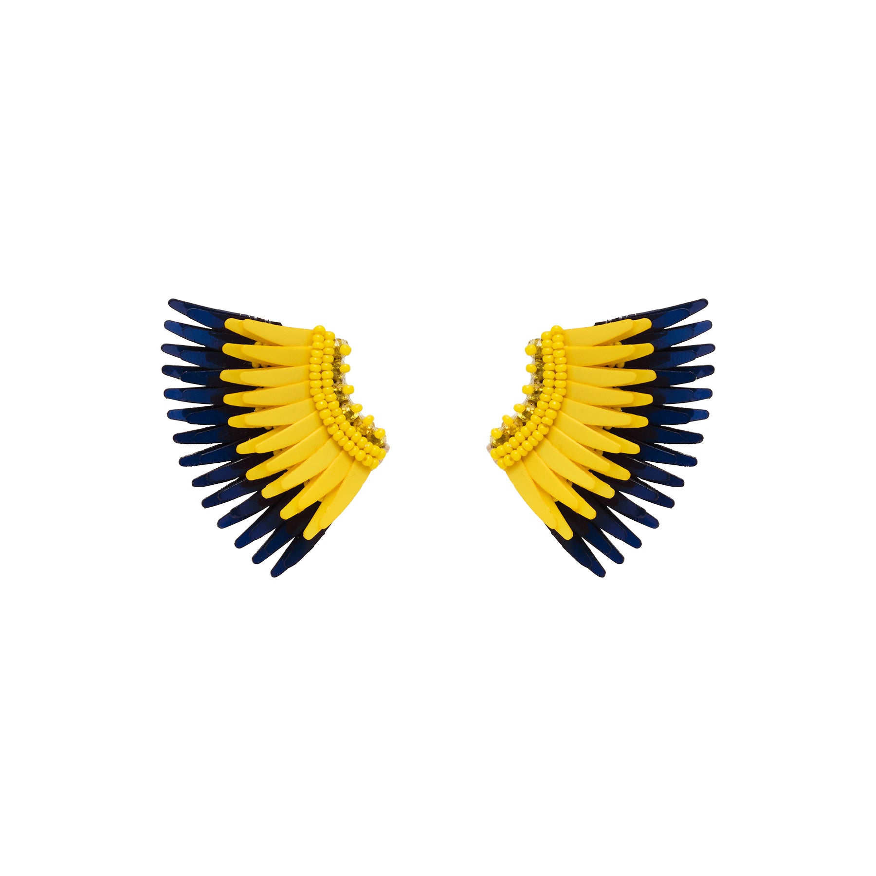 Yellow and Navy Wing Stud Earrings on Flat White Background
