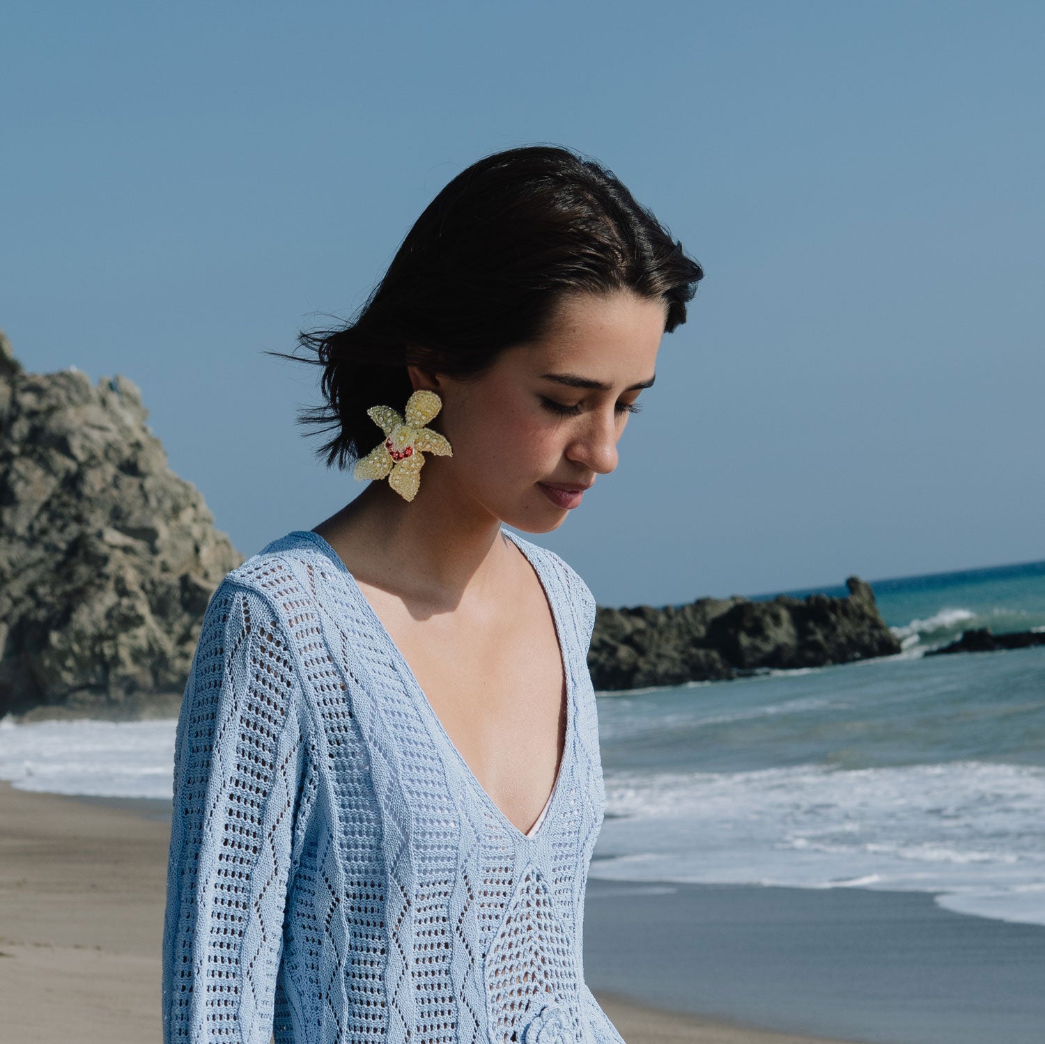 Yellow, Silver, and Pink Bead and Crystal Statement Flower Earrings Styled on Model