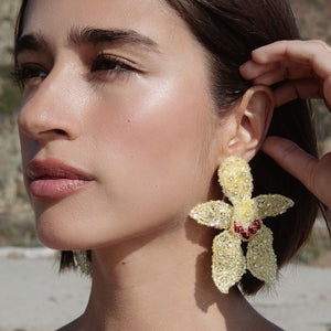 Yellow, Silver, and Pink Bead and Crystal Statement Flower Earrings Styled on Model