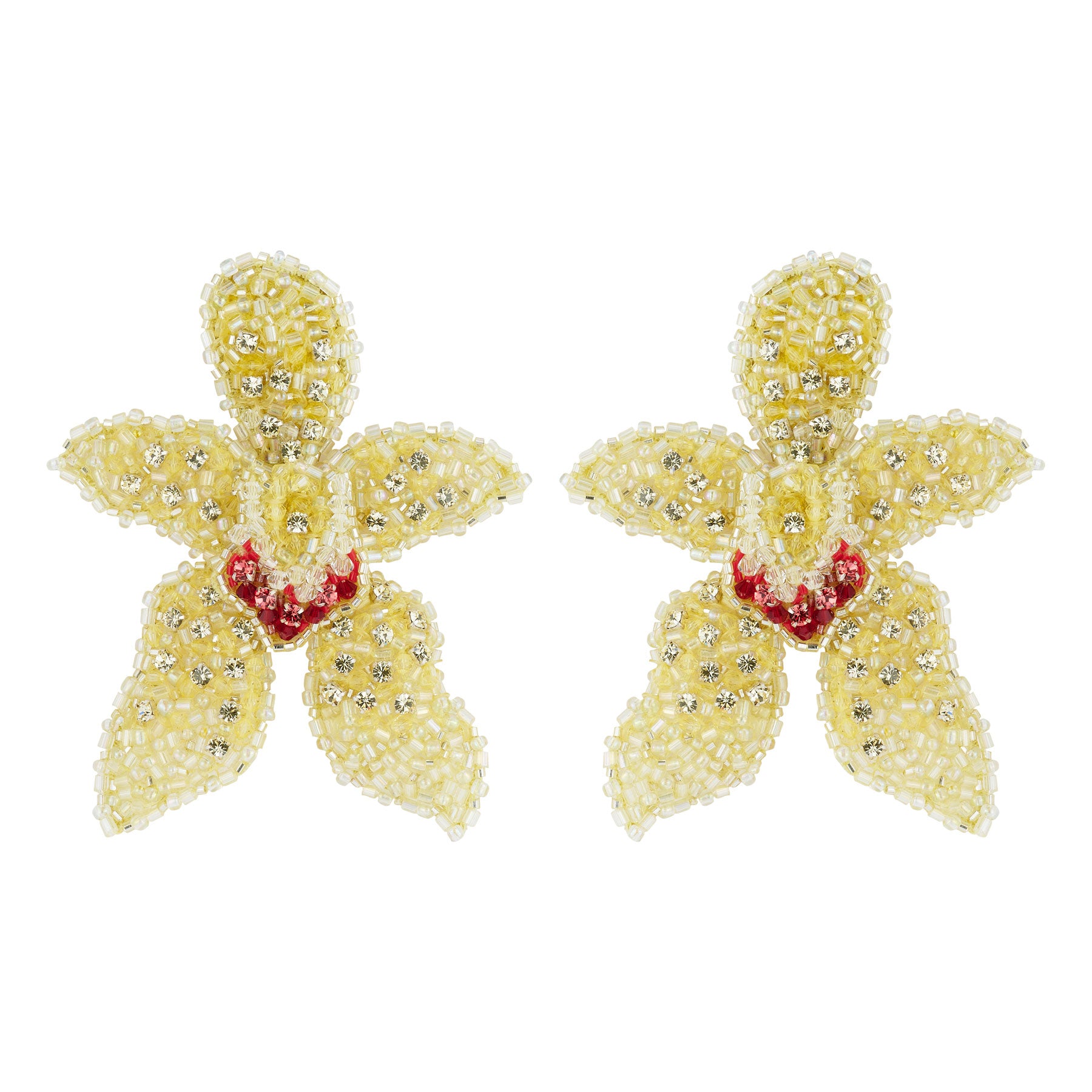 Yellow, Silver, and Pink Bead and Crystal Statement Flower Earrings on Flat White Background