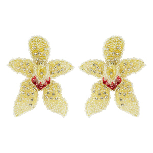 Yellow, Silver, and Pink Bead and Crystal Statement Flower Earrings on Flat White Background