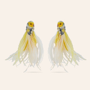 Yellow and Silver Embroidered Feather Bird Earrings on Tan Background