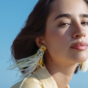 Yellow and Silver Embroidered Feather Bird Earrings on Model