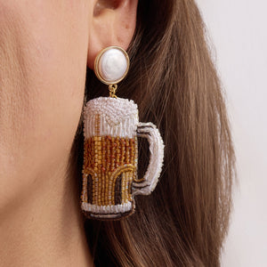 Yellow, Brown, and White Beaded Beer Drop Earrings with Freshwater Pearl Topper on Model