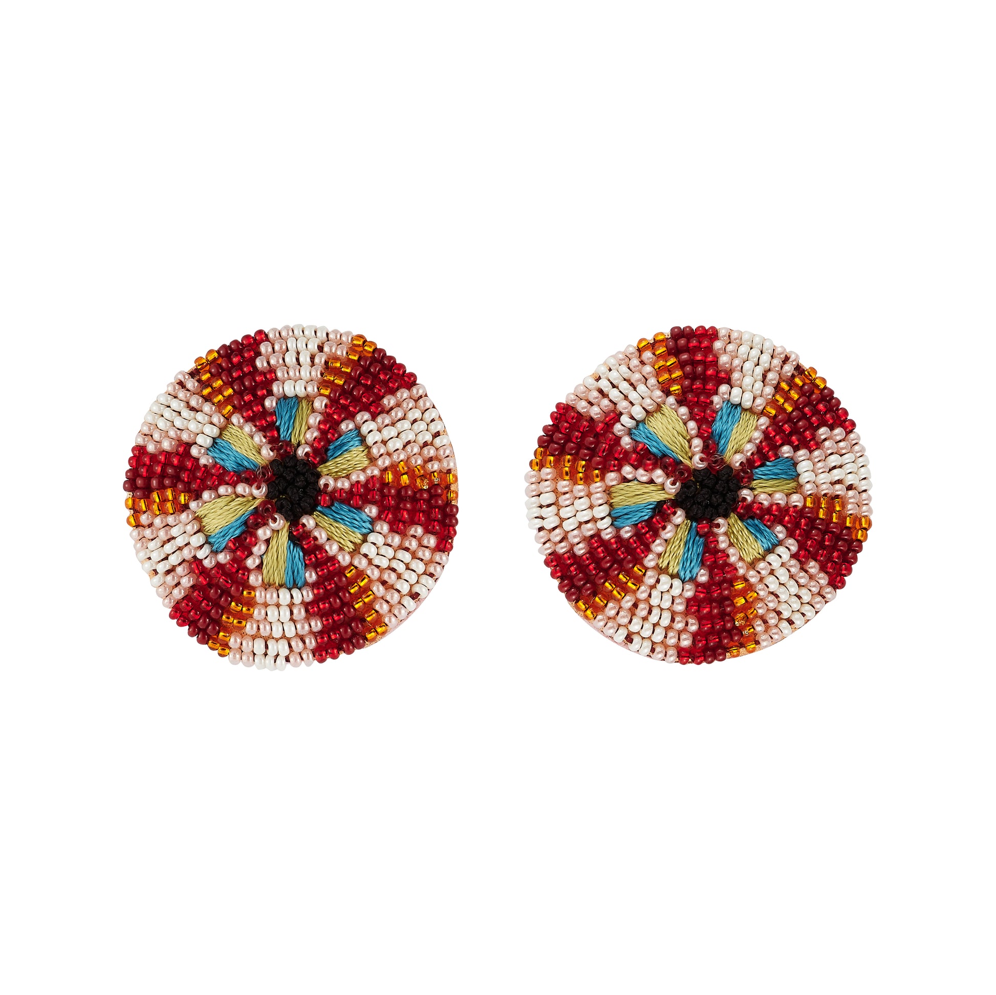 Pair of colorful beaded earrings on a white background