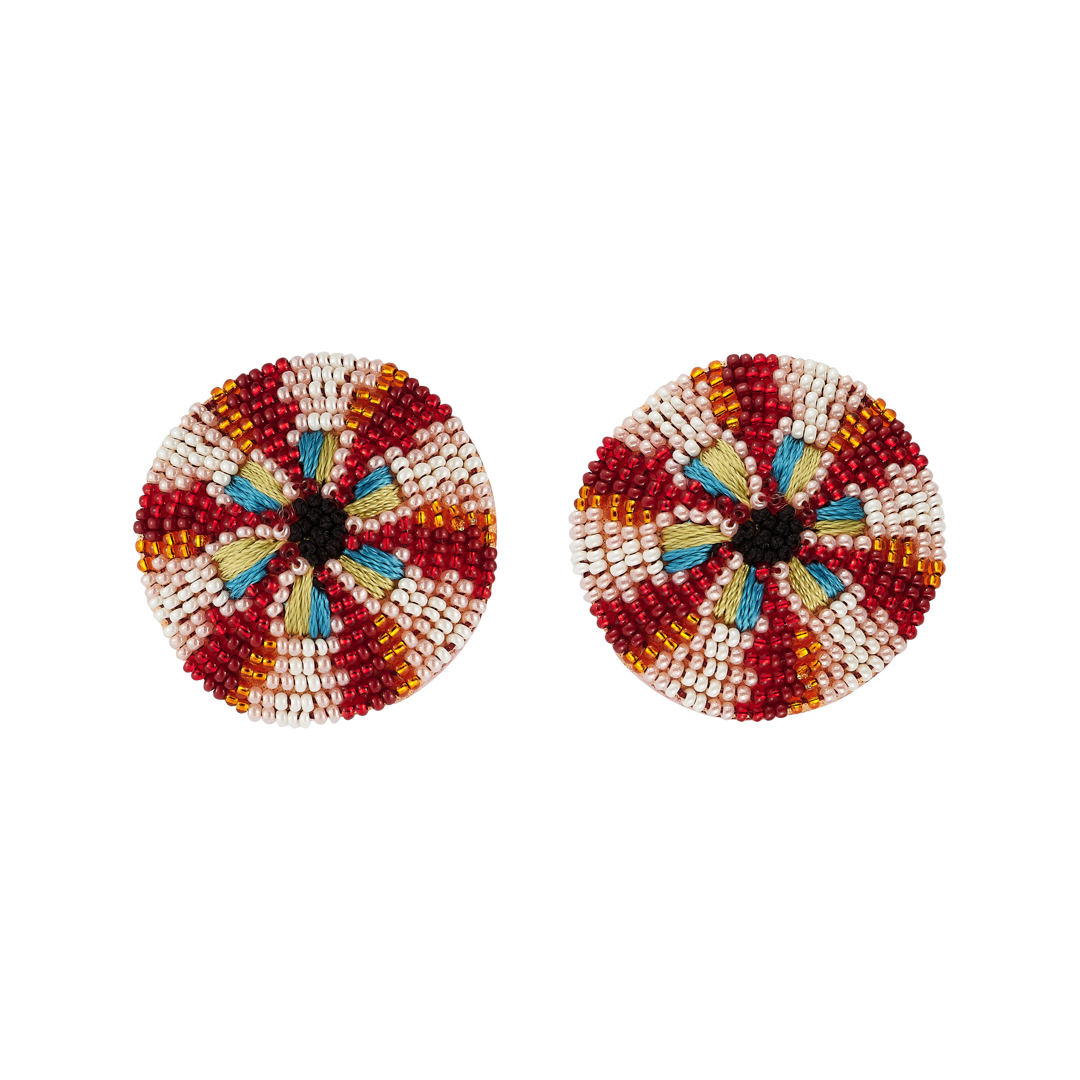 Pair of colorful beaded earrings on a white background