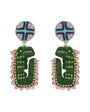 alligator shaped embroidered earrings with green and blue bead work