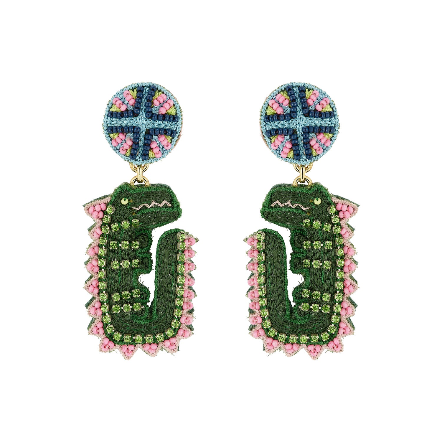 alligator shaped embroidered earrings with green and blue bead work