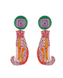 Colorful earrings with patterned tops and multicolored bodies on a white background