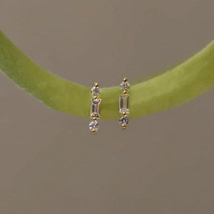 18k Gold & Baguette and Round Diamond Bar Studs