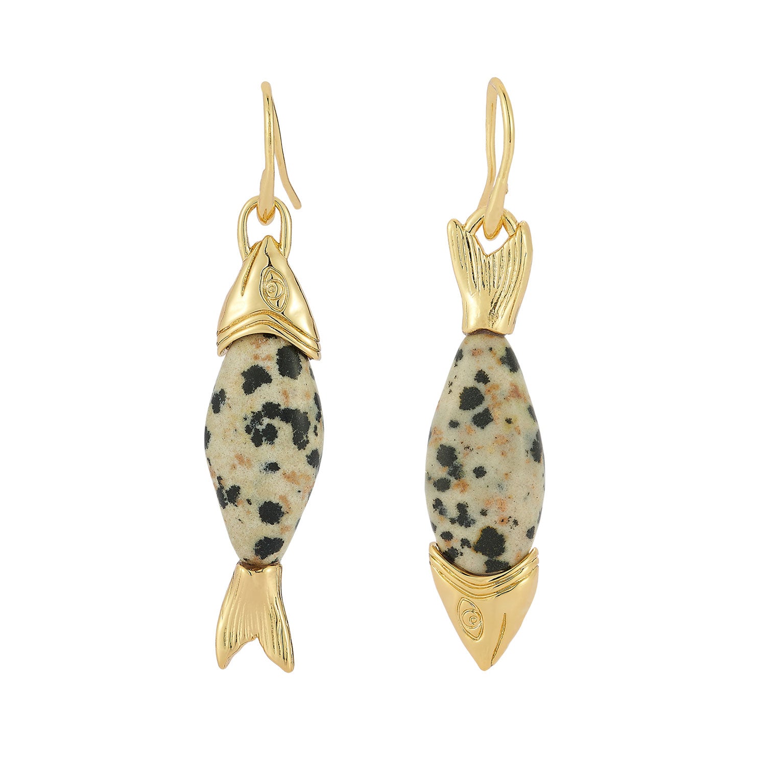 Gold fish-shaped earrings with speckled stone bodies on a white background