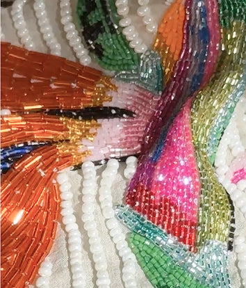 Close-up of multicolored beaded fabric with a floral pattern