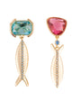Pair of fish-shaped earrings with colorful gemstones on a white background