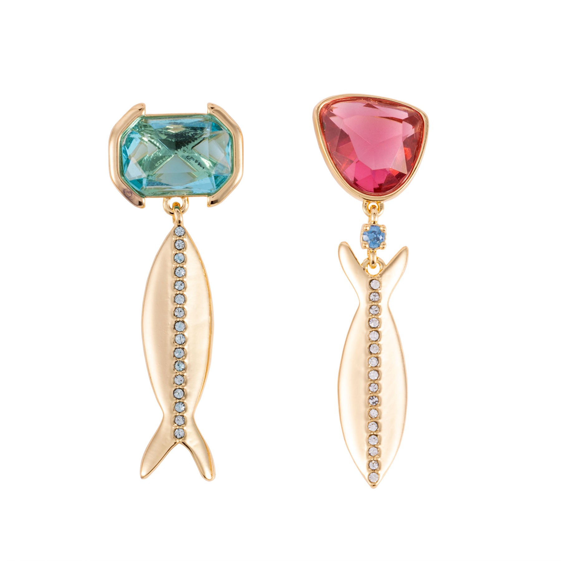 Pair of fish-shaped earrings with colorful gemstones on a white background