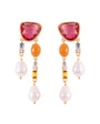 Colorful earrings with pink, orange, and pearl elements on a white background