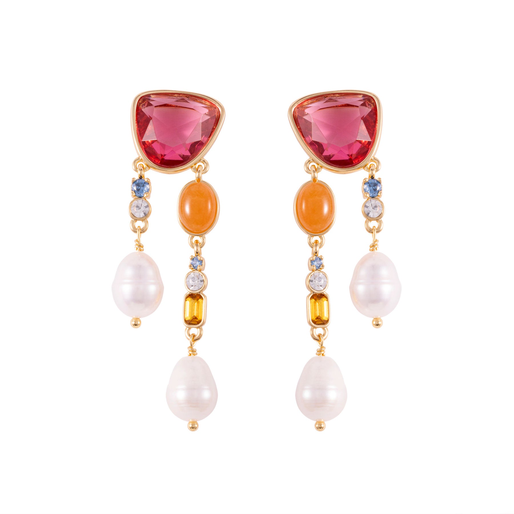 Colorful earrings with pink, orange, and pearl elements on a white background