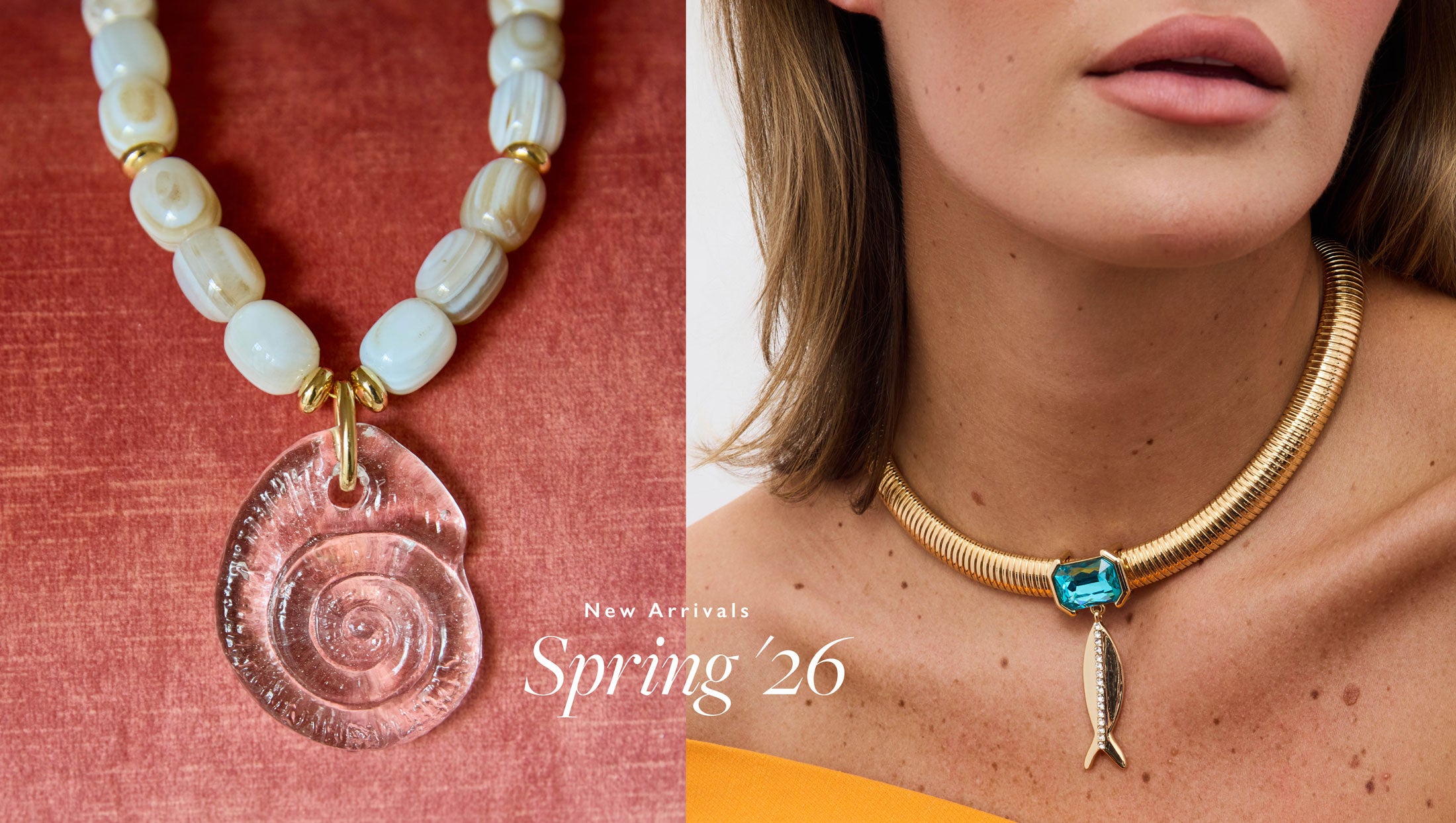 seashell necklace on a coral background and a girl wearing a gold fish necklace with crystals and a rectangle blue crystal