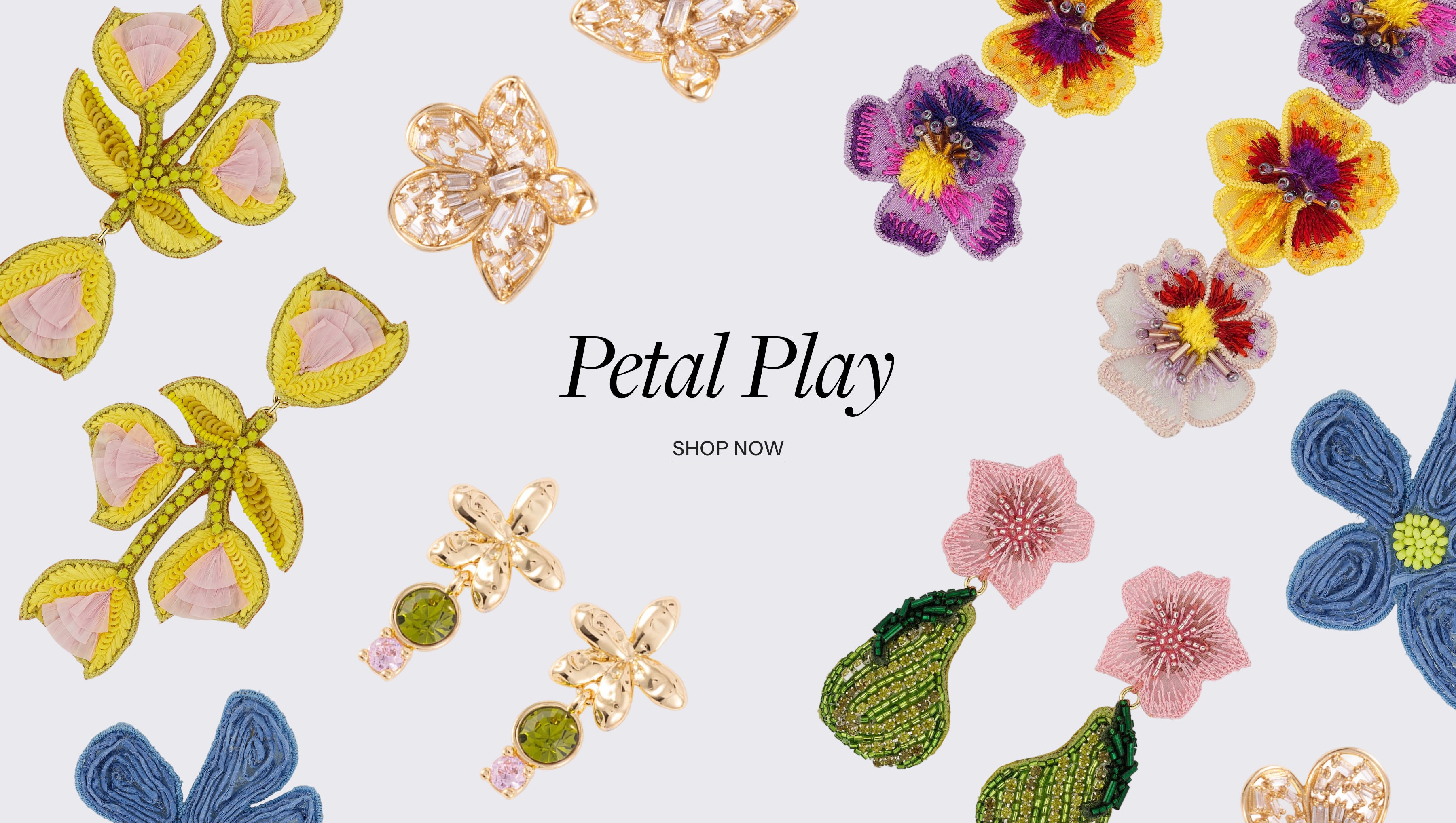 Header text reading Petal Play with various floral shaped and embroidered earrings against a pink background