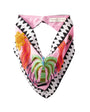 Colorful butterfly scarf with geometric pattern on a white background