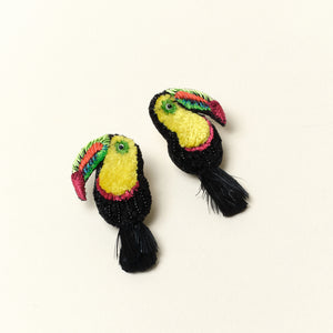 Black Multi Embroidered Toucan Bird Earrings on Tan Background