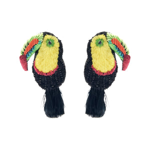 Black Multi Embroidered Toucan Bird Earrings on Flat White Background