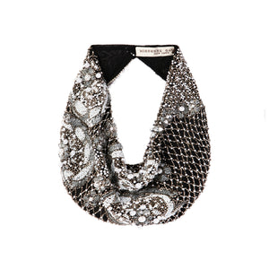 Black Scarf Necklace with White Pearl and Silver Bead Embroidery on Flat White Background