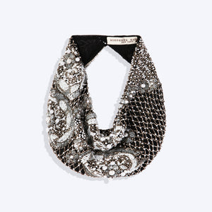 Black Scarf Necklace with White Pearl and Silver Bead Embroidery on Grey Background