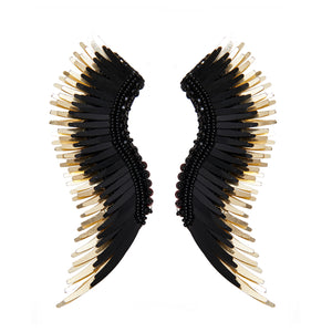 Black and Gold Sequin Wing Earrings on Flat White Background