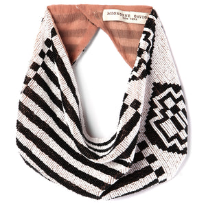 Black and White Geometric Beaded Scarf Necklace on Flat White Background