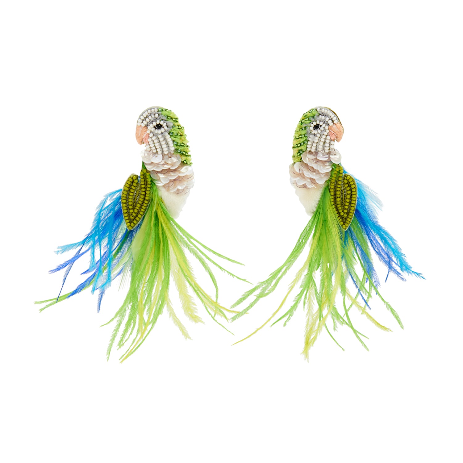 Blue, Green, and White Beaded and Feather Embroidered Bird Stud Earrings on Flat White Background