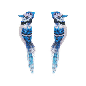 Blue Feather and Bead Embroidered Blue Jay Bird Earrings on Flat White Background