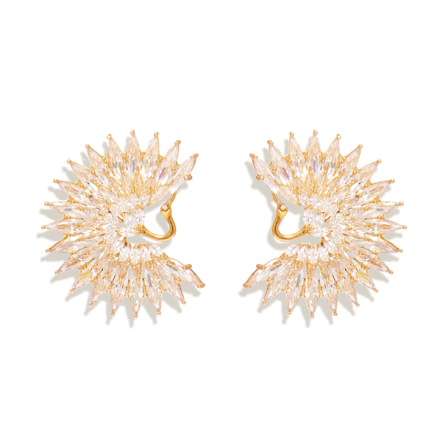 Crystal and gold egret bird stud earrings on white background