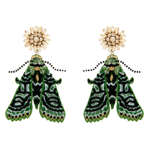 Emerald and Black Beaded and Embroidered Moth Drop Earrings with Champagne Crystal Topper on Flat White Background