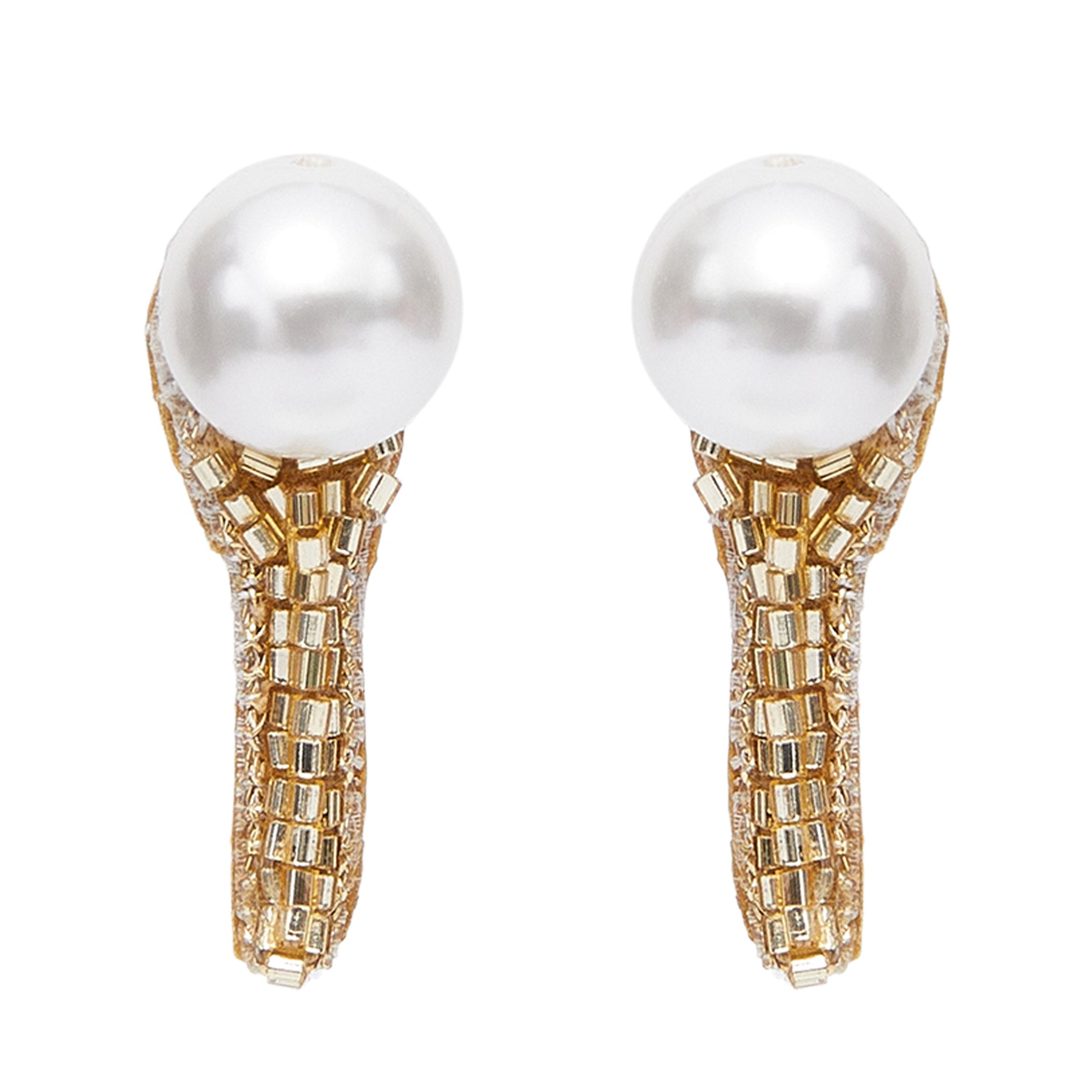 Gold Bead and Pearl Stud Earrings on Flat White Background