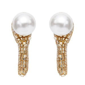 Gold Bead and Pearl Stud Earrings on Flat White Background