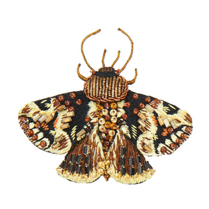 Bronze and Gold Beaded and Embroidered Moth Brooch on Flat White Background