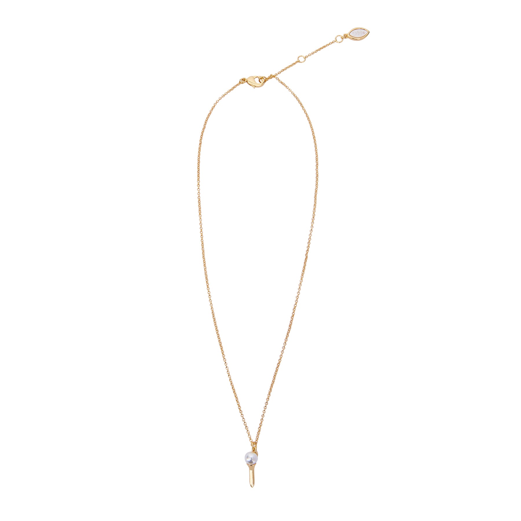 Gold and Pearl Golf Tee Necklace on Flat White Background