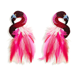 Hot Pink Beaded and Feather Flamingo Earrings on Flat White Background